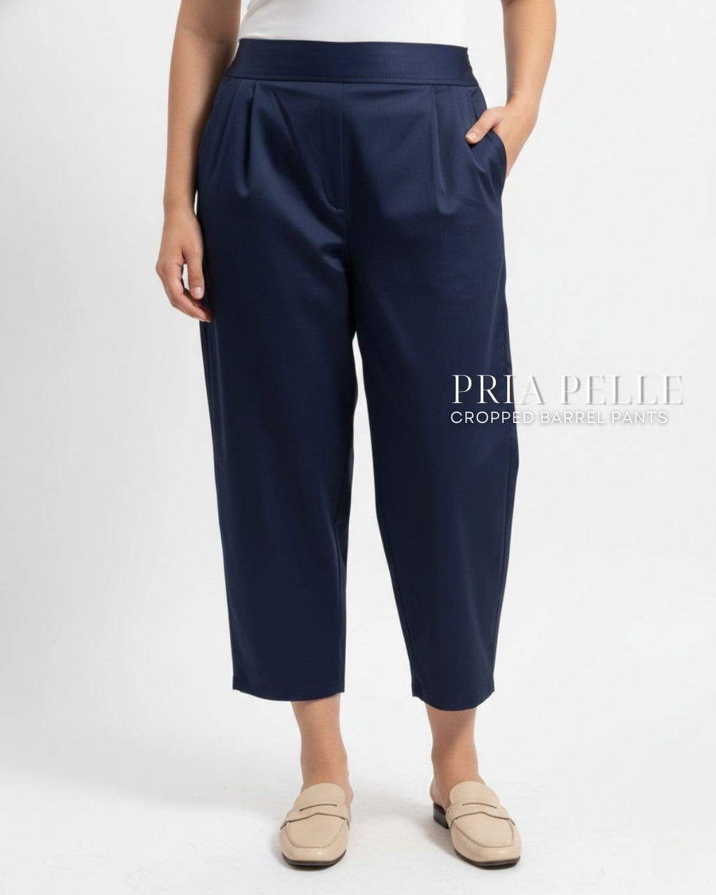Pria Pelle Cropped Barrel Pants | Back Garter -  Cotton Blend Midnight Blue | Non Stretch