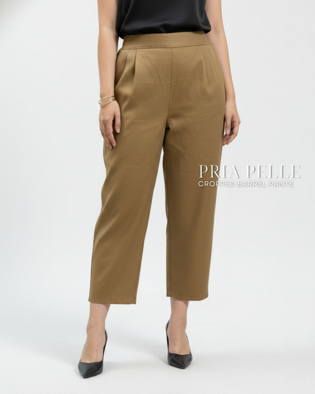 Pria Pelle Cropped Barrel Pants | Back Garter -  Cotton Twill Khaki Brown | Non Stretch