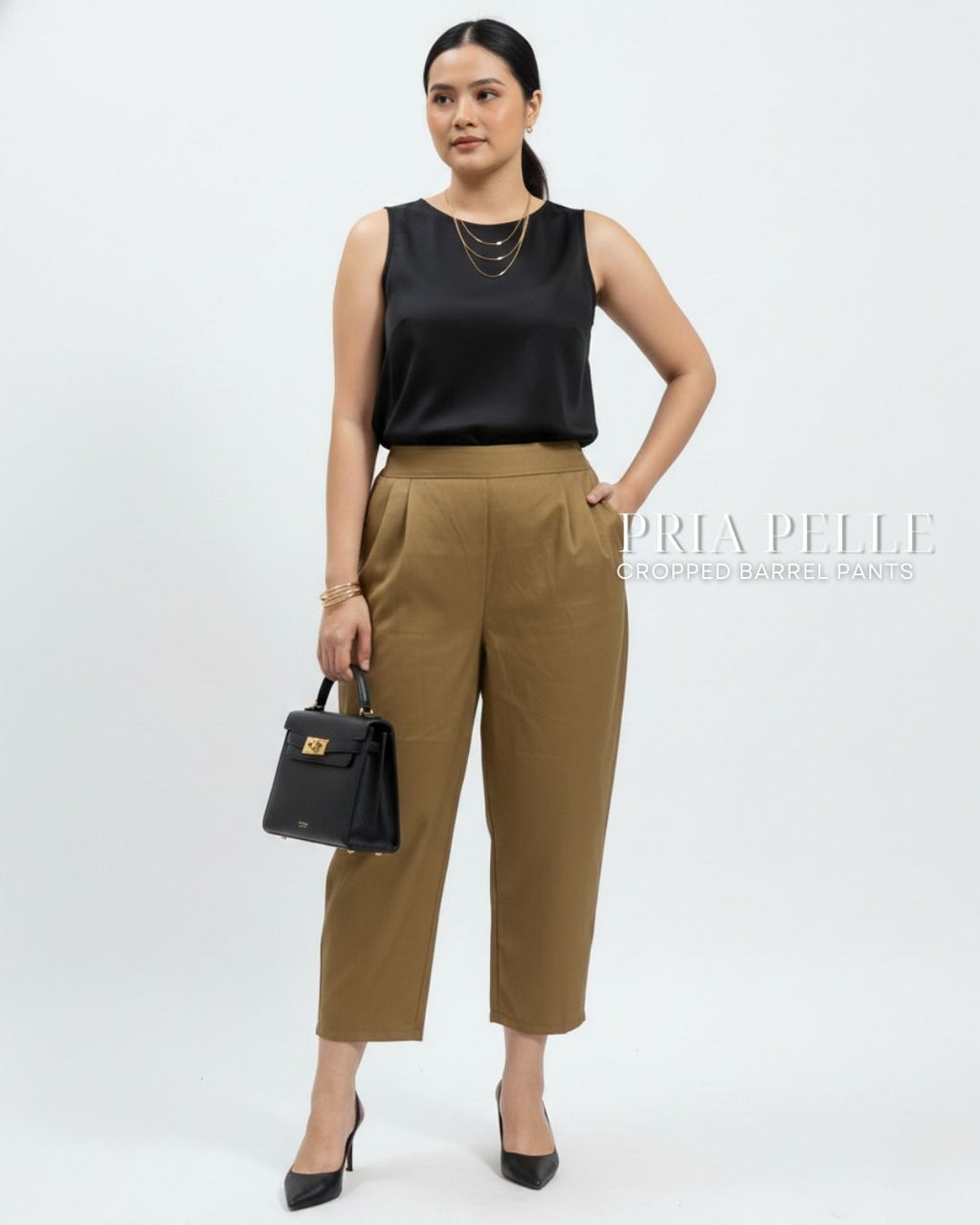 Pria Pelle Cropped Barrel Pants | Back Garter -  Cotton Twill Khaki Brown | Non Stretch