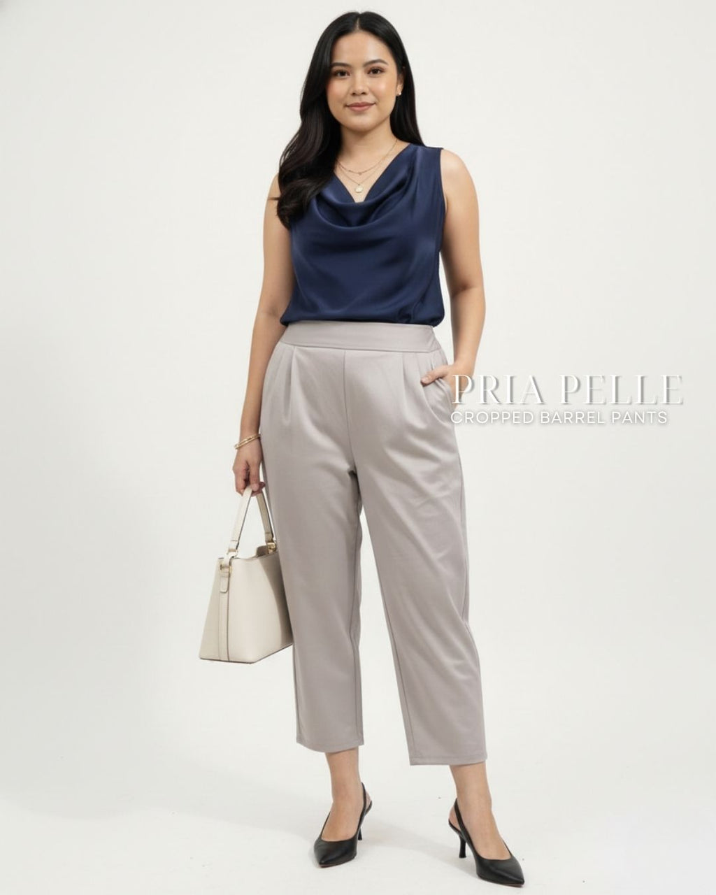Pria Pelle Cropped Barrel Pants | Back Garter -  Cotton Blend Light Gray | Non Stretch