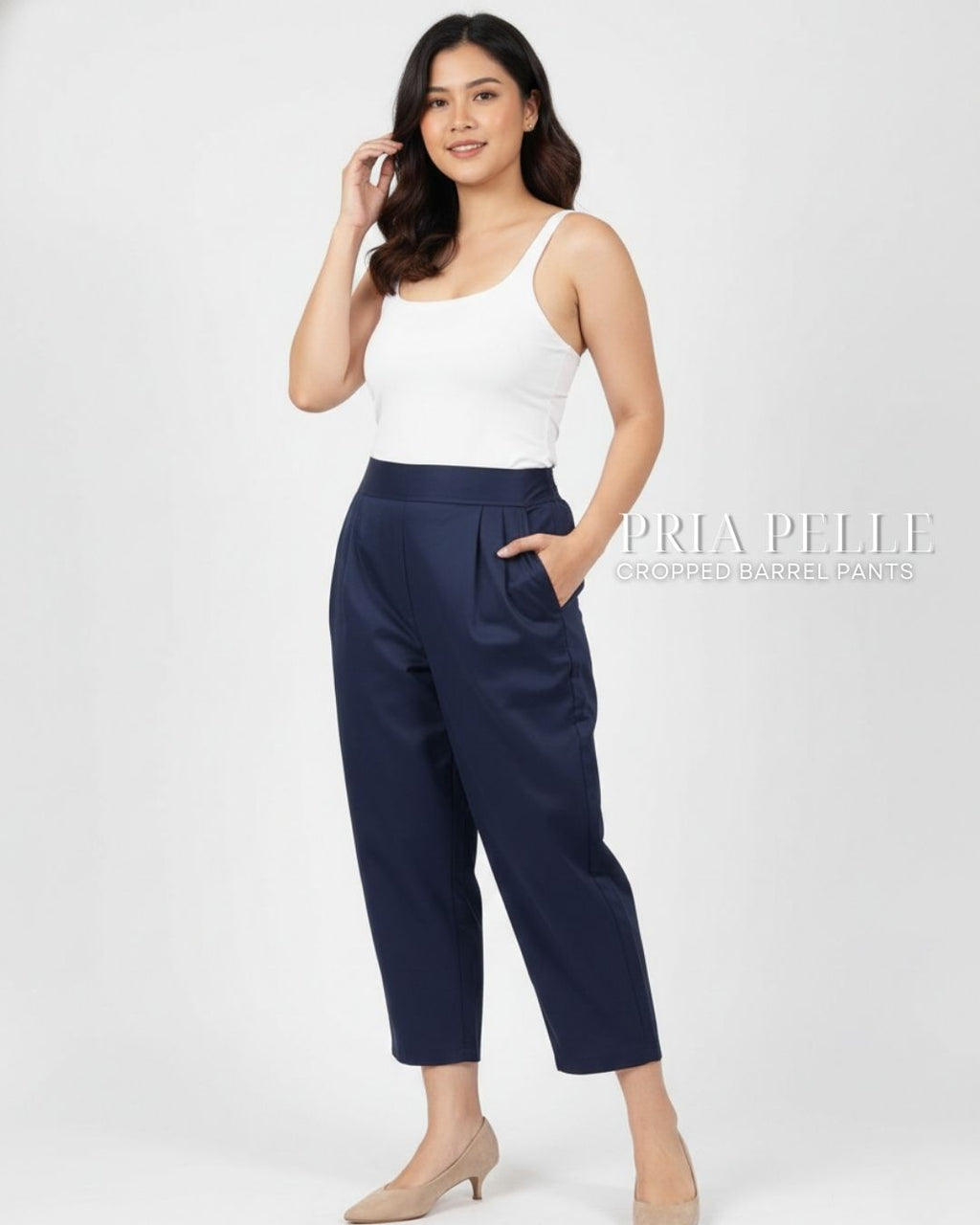 Pria Pelle Cropped Barrel Pants | Back Garter -  Cotton Blend Midnight Blue | Non Stretch