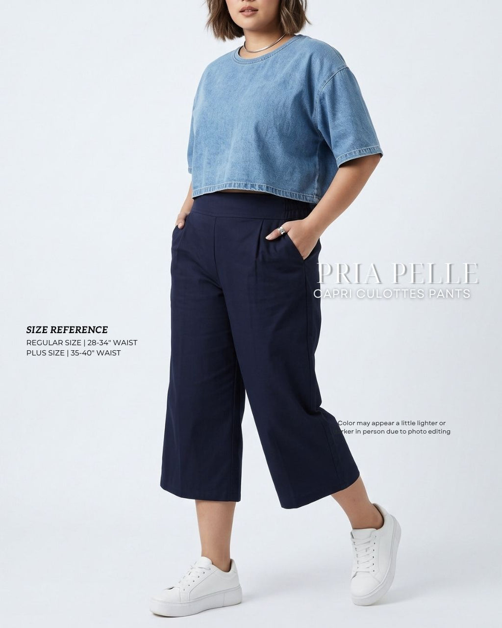 Pria Pelle Capri Culottes Pants | Back garter - Cotton Twill Blue Black - Non Stretch