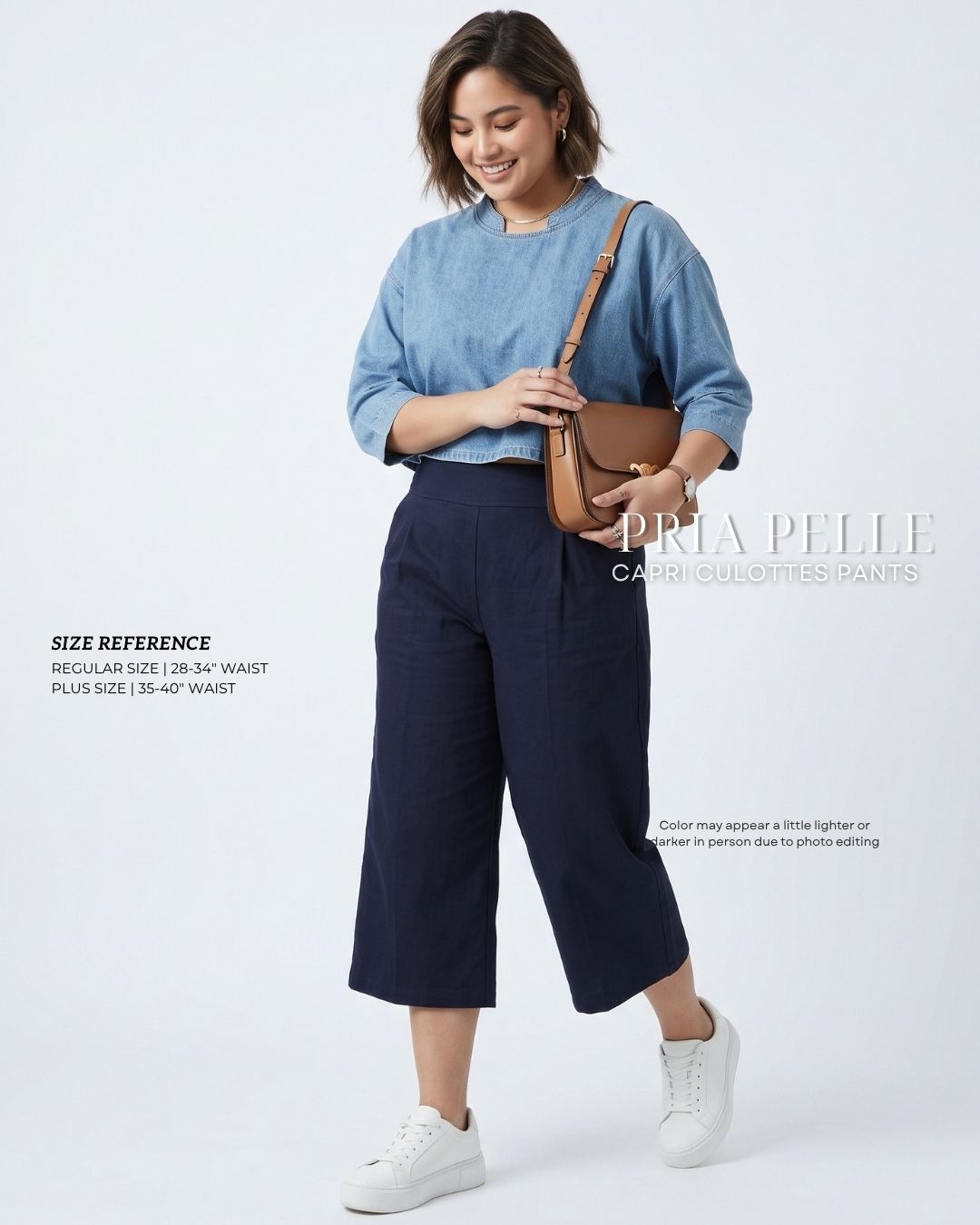 Pria Pelle Capri Culottes Pants | Back garter - Cotton Twill Blue Black - Non Stretch