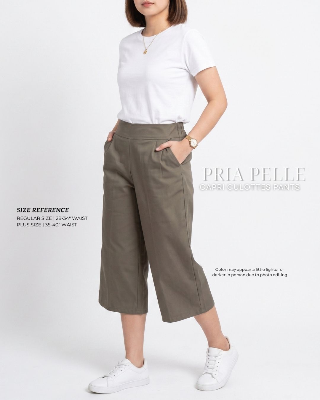 Pria Pelle Capri Culottes Pants | Back garter - Cotton Twill Gray Olive | Non Stretch