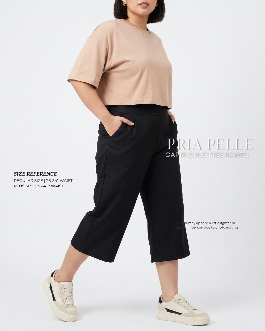Pria Pelle Capri Culottes Pants | Back garter - Cotton Twill Black (Pin Stripes Finish) with Stretch