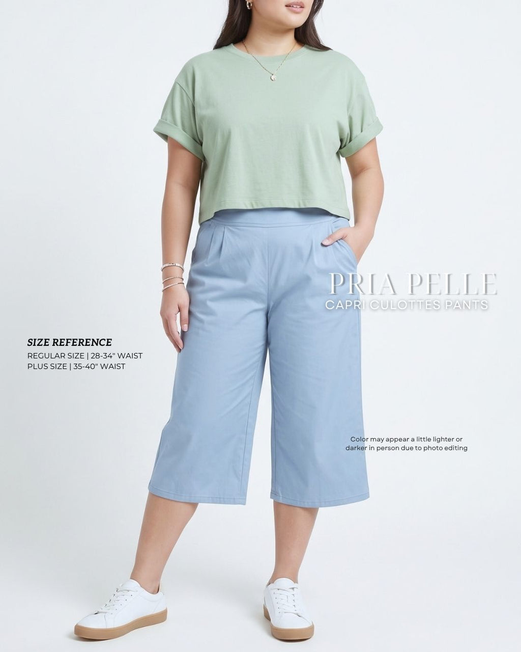 Pria Pelle Capri Culottes Pants | Back garter - Lightweight Cotton Blend Powder Blue - Non Stretch