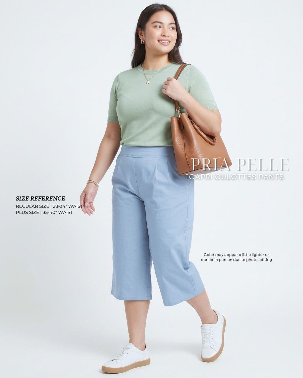 Pria Pelle Capri Culottes Pants | Back garter - Lightweight Cotton Blend Powder Blue - Non Stretch