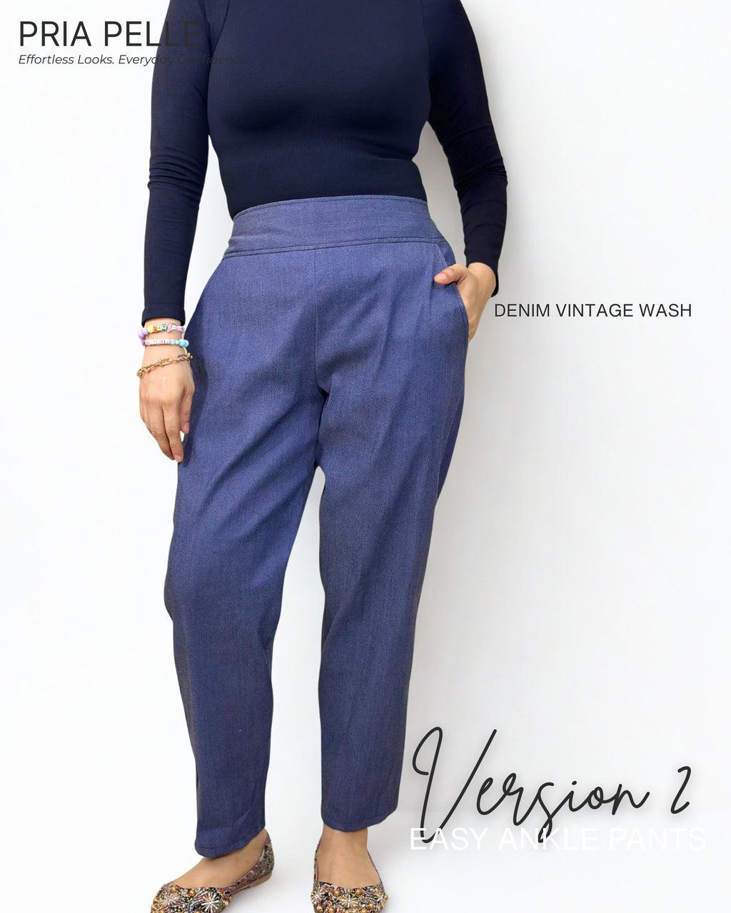 Pria Pelle Ankle Pants Version 2 | Back Garter - Denim Vintage Wash