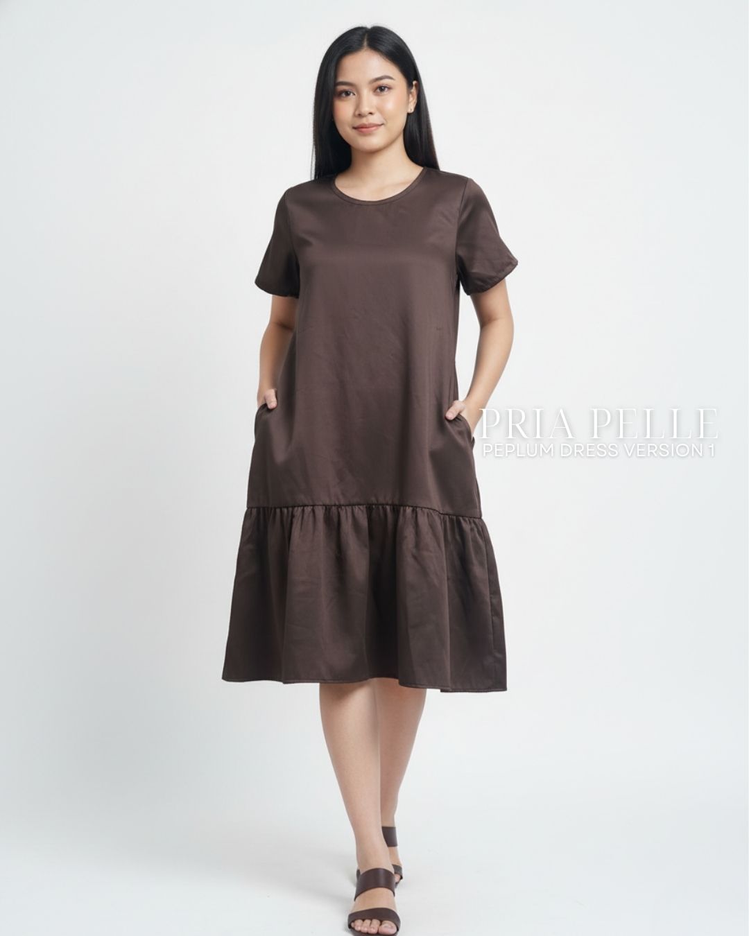 Pria Pelle Peplum Dress Version 1 | Cotton Satin Dark Brown - Non Stretch