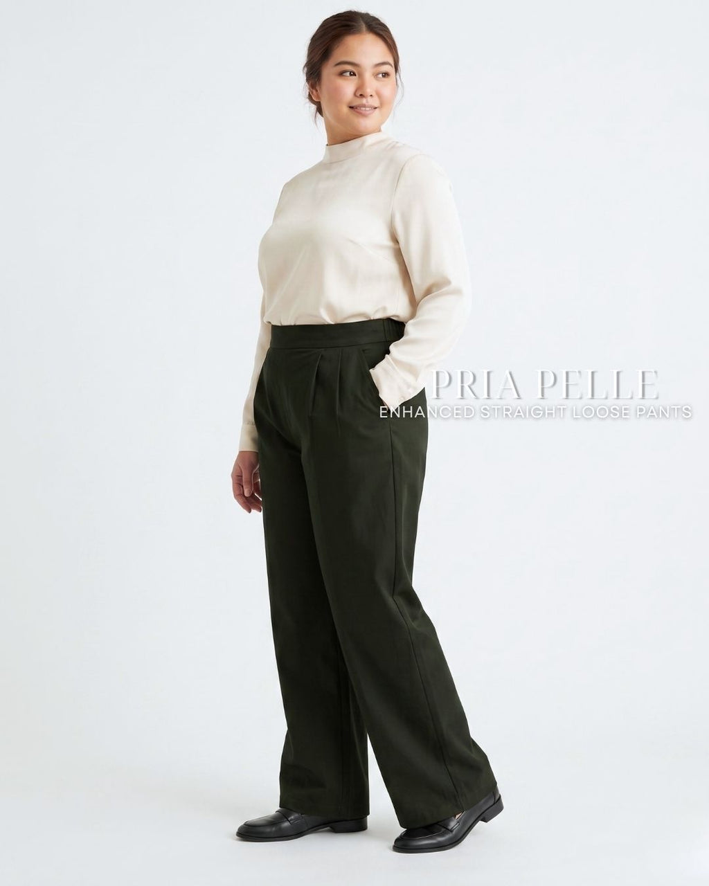 Pria Pelle Straight Loose Pleated Pants | Back Garter - Denim Blend Dark Army Green | Non Stretch