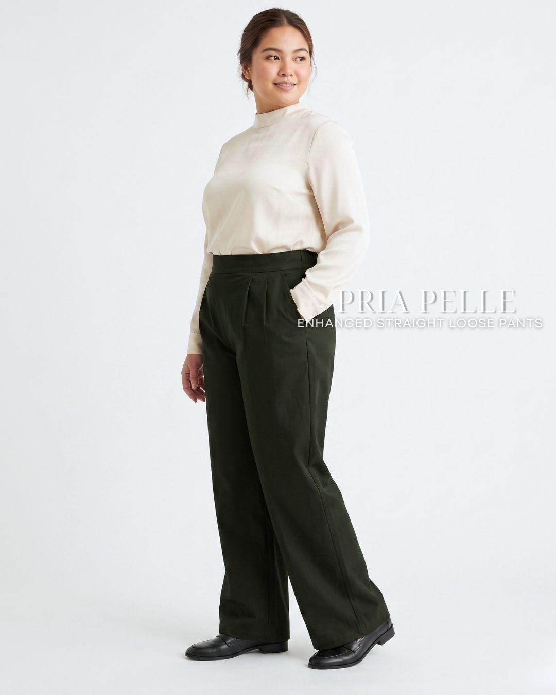 Pria Pelle Straight Loose Pleated Pants | Back Garter - Denim Blend Dark Army Green | Non Stretch