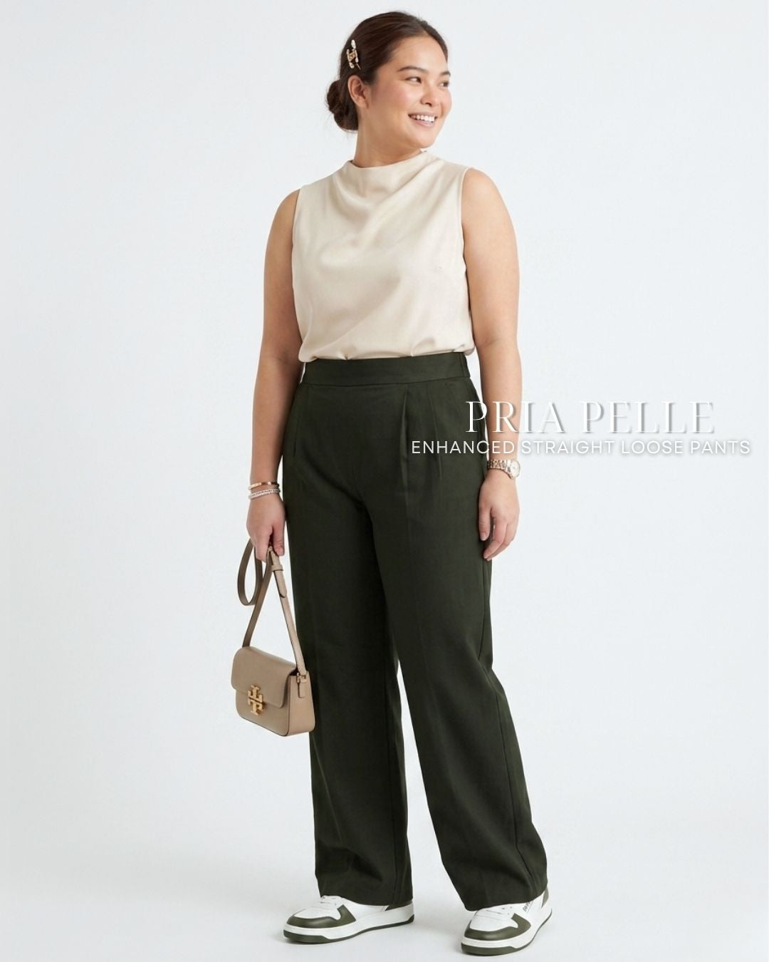 Pria Pelle Straight Loose Pleated Pants | Back Garter - Denim Blend Dark Army Green | Non Stretch