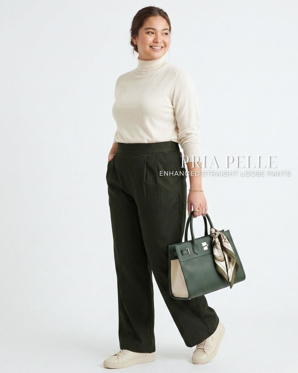 Pria Pelle Straight Loose Pleated Pants | Back Garter - Denim Blend Dark Army Green | Non Stretch