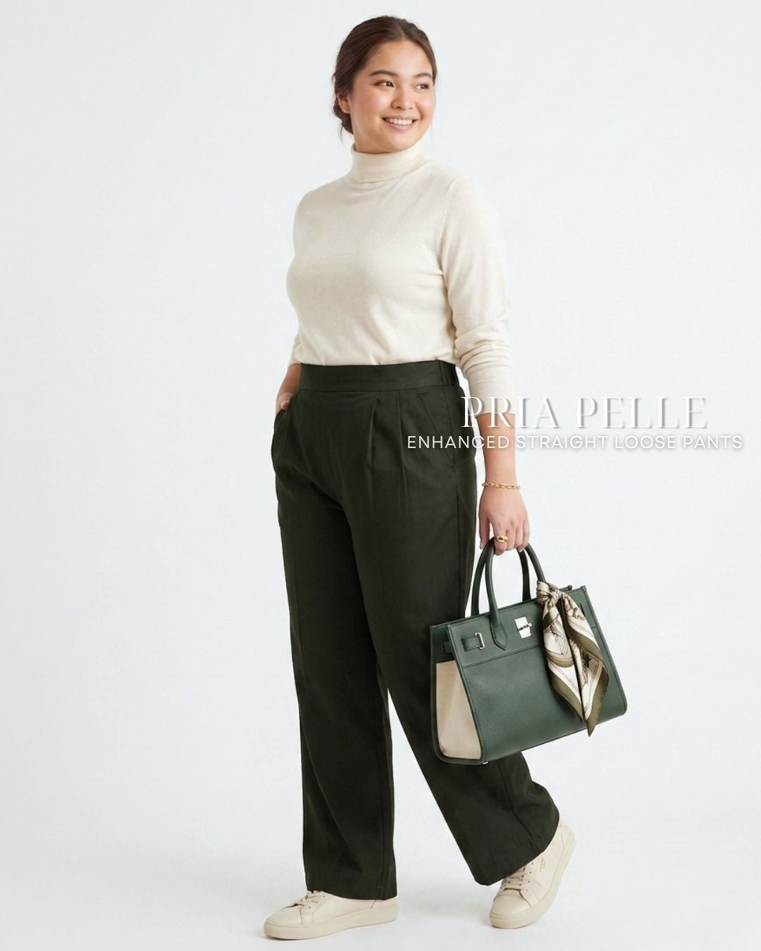 Pria Pelle Straight Loose Pleated Pants | Back Garter - Denim Blend Dark Army Green | Non Stretch
