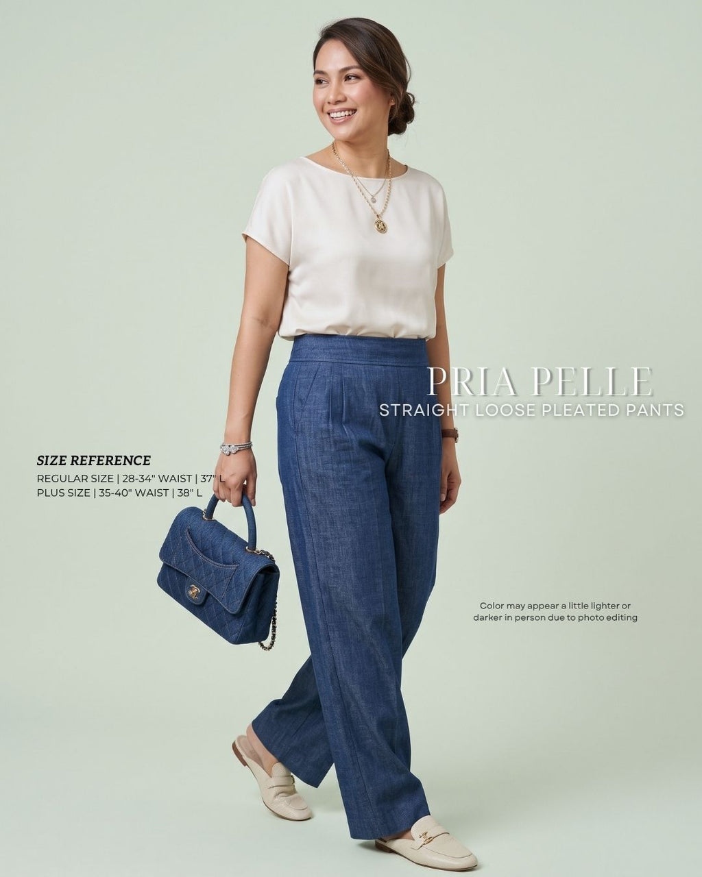 Pria Pelle Straight Loose Pleated Pants | Back Garter - Denim Blue - Non Stretch