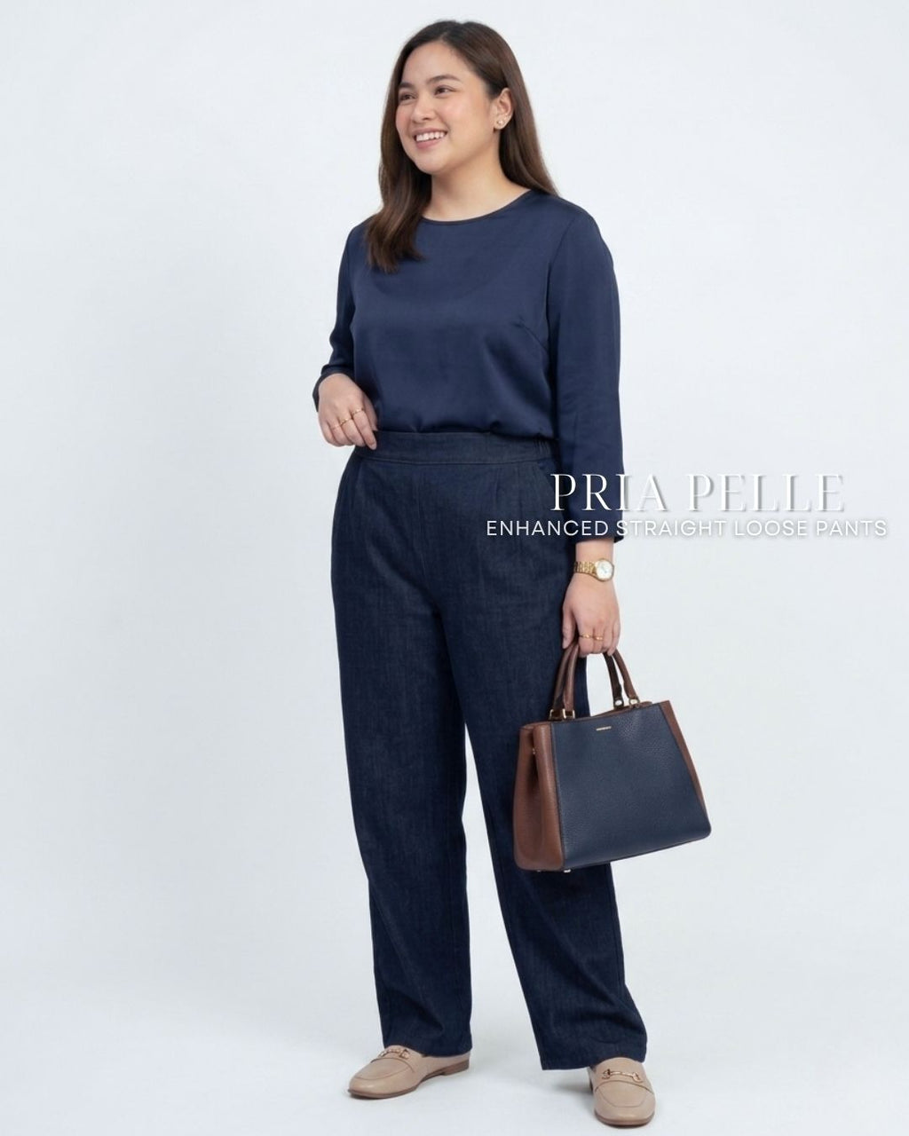 Pria Pelle Straight Loose Pleated Pants | Back Garter - Denim Dark Blue with Stretch