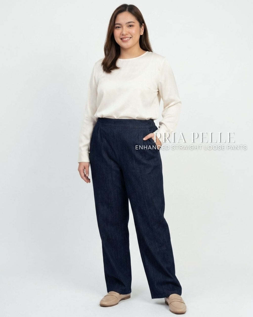 Pria Pelle Straight Loose Pleated Pants | Back Garter - Denim Dark Blue with Stretch