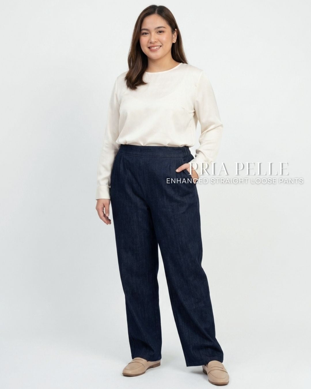 Pria Pelle Straight Loose Pleated Pants | Back Garter - Denim Dark Blue with Stretch