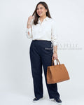 Pria Pelle Straight Loose Pleated Pants | Back Garter - Denim Dark Blue with Stretch