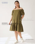 Pria Pelle Peplum Dress Off Shoulder | Linen Blend Army Green - Non Stretch