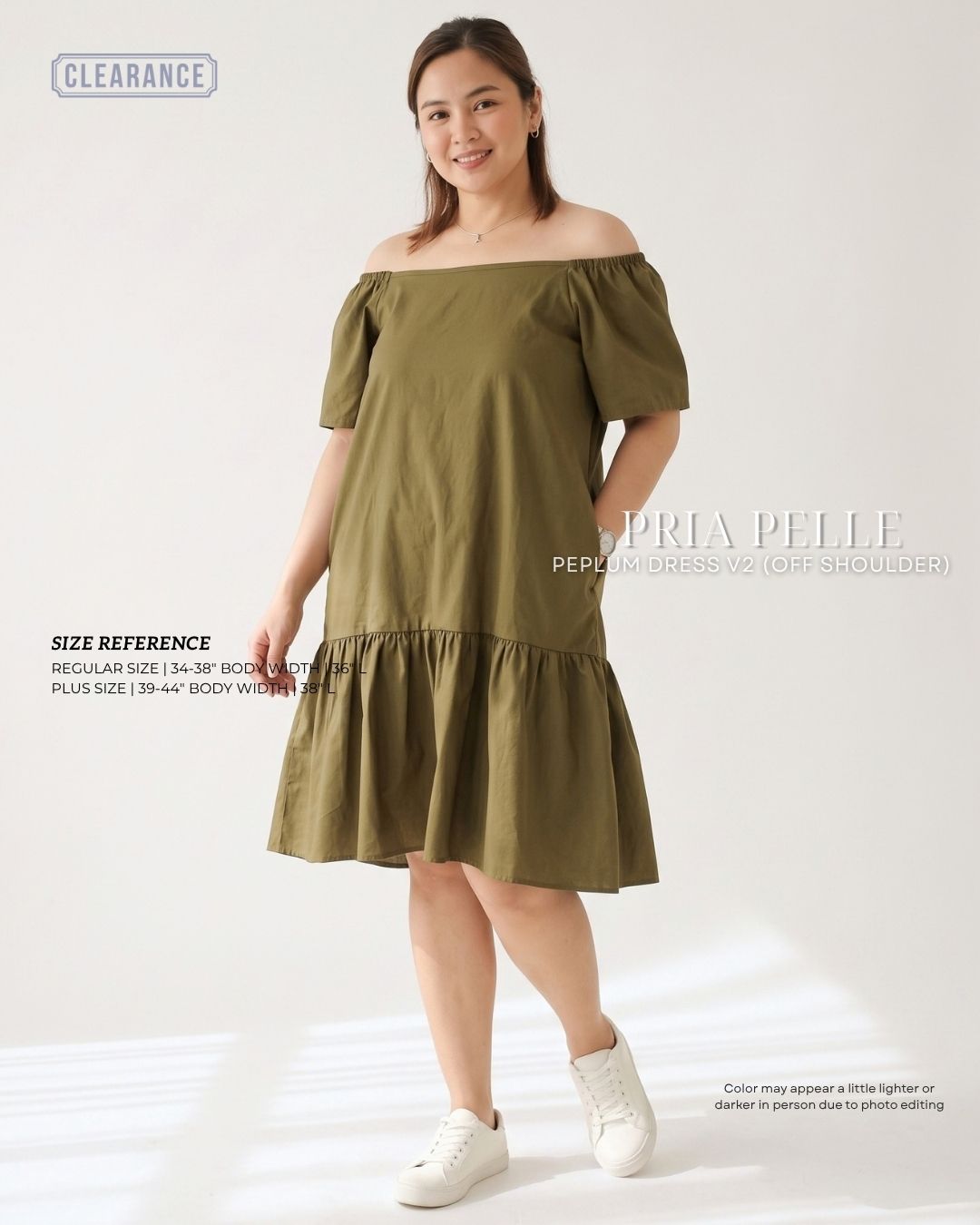 Pria Pelle Peplum Dress Off Shoulder | Linen Blend Army Green - Non Stretch