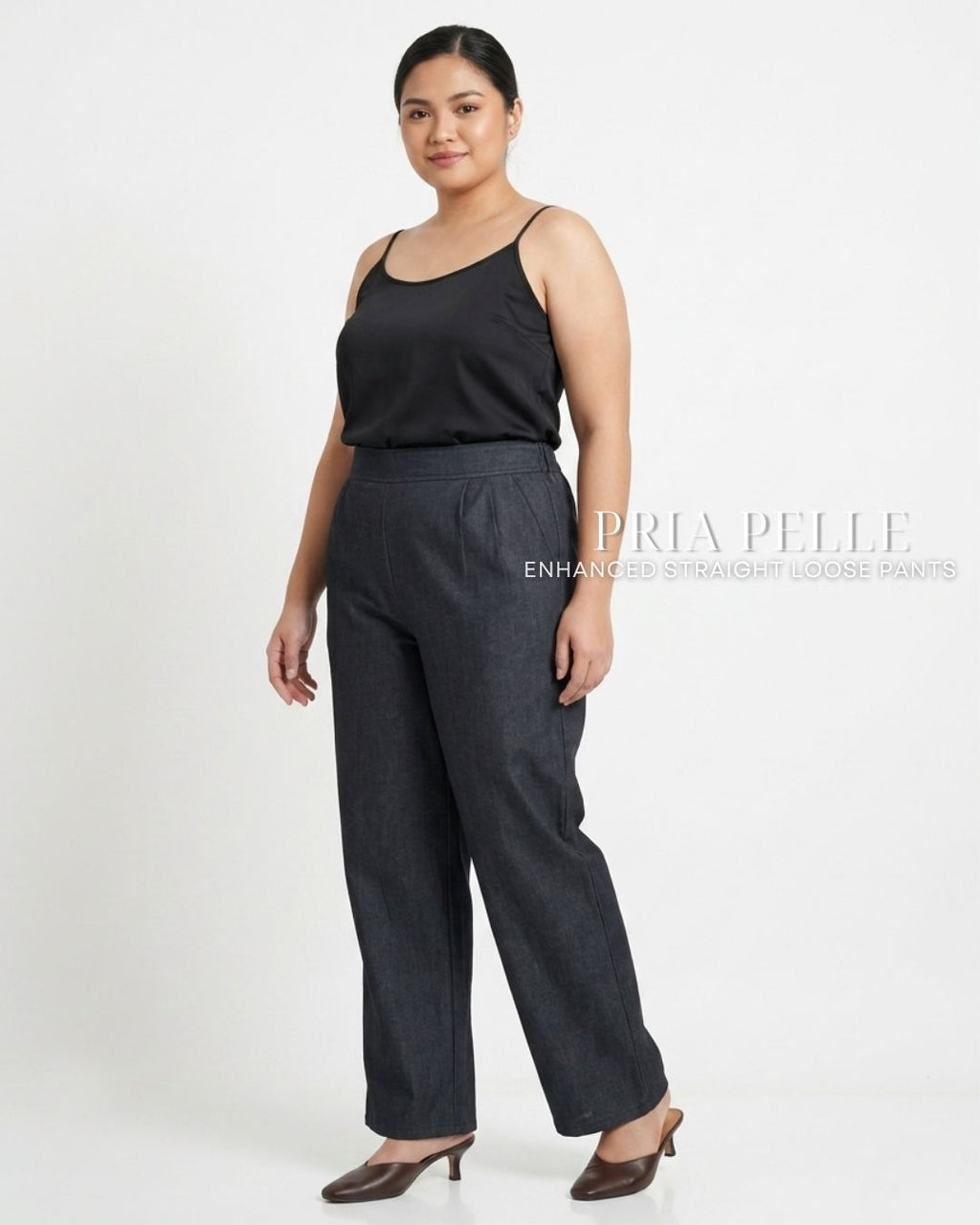 Pria Pelle Straight Loose Pleated Pants | Back Garter - Denim Charcoal with Stretch