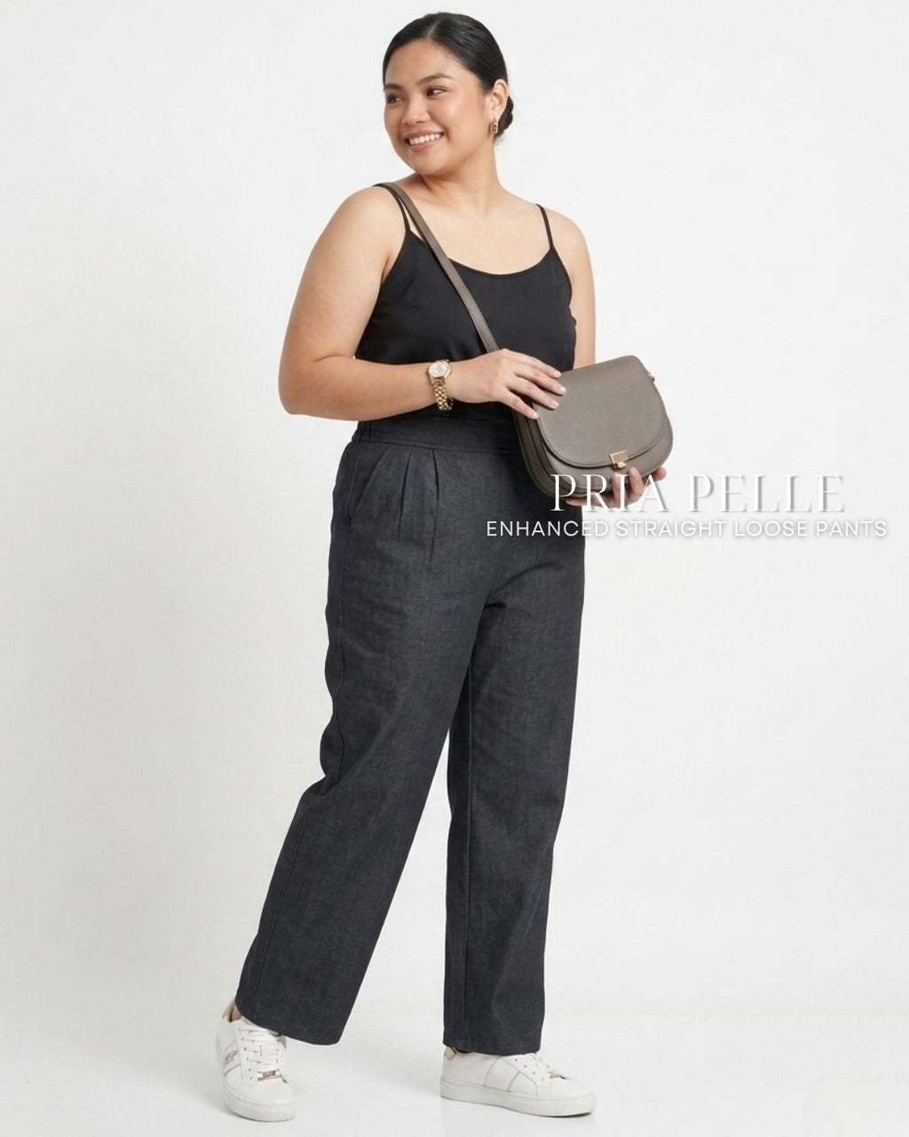 Pria Pelle Straight Loose Pleated Pants | Back Garter - Denim Charcoal with Stretch