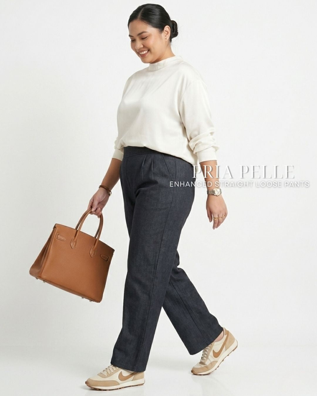 Pria Pelle Straight Loose Pleated Pants | Back Garter - Denim Charcoal with Stretch