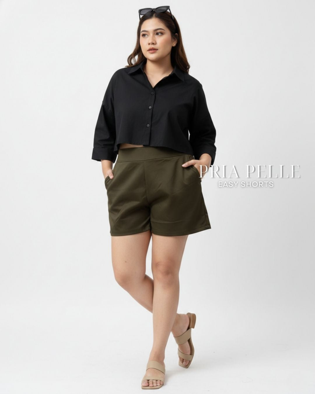 Pria Pelle Easy Shorts | Back garter - Cotton Blend Light Moss | Non Stretch