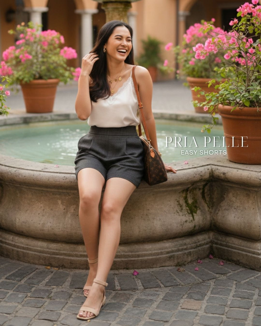 Pria Pelle Easy Shorts | Back garter - Cotton Blend Plaid Charcoal Gray | Non Stretch