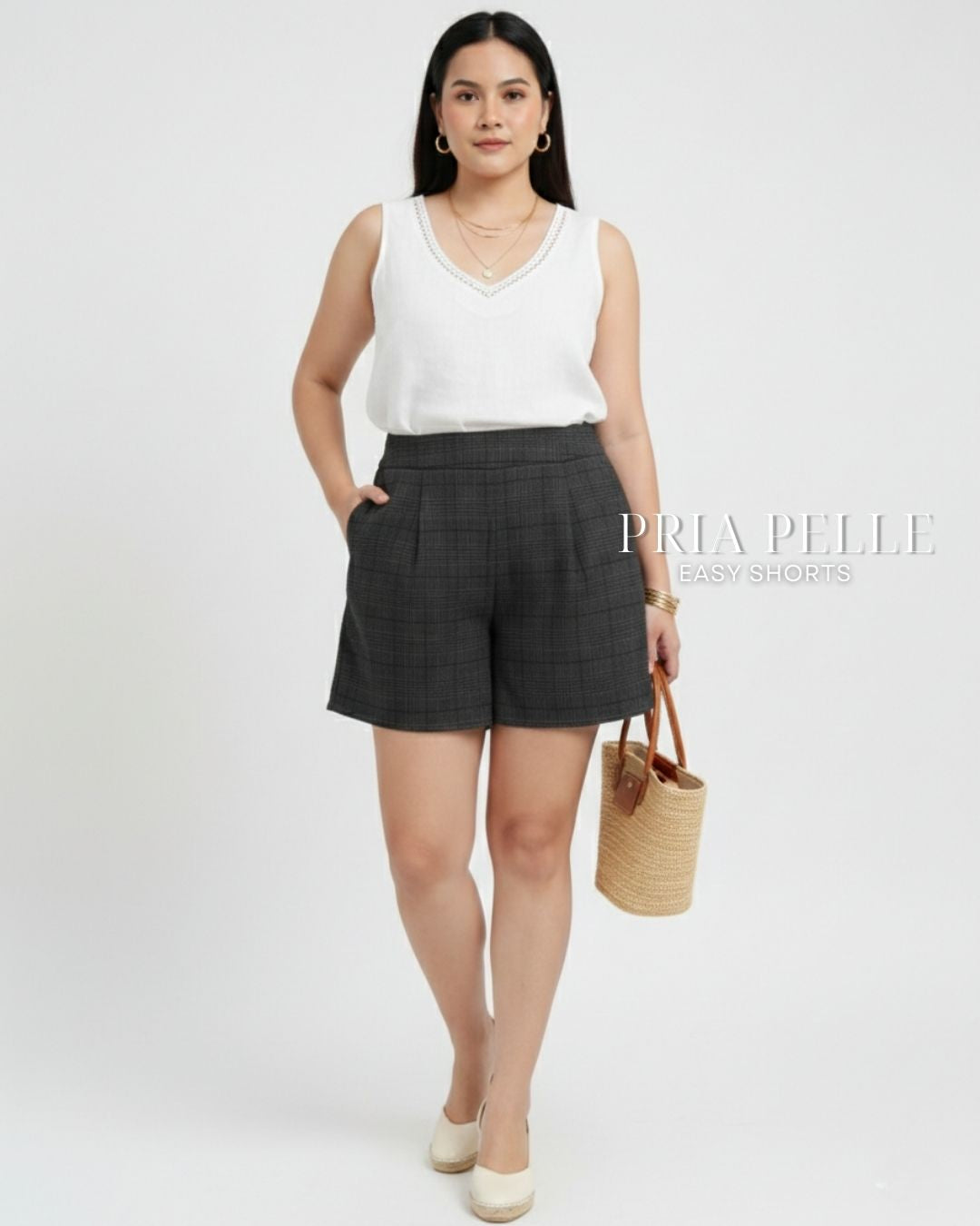 Pria Pelle Easy Shorts | Back garter - Cotton Blend Tartan Charcoal Gray | Non Stretch