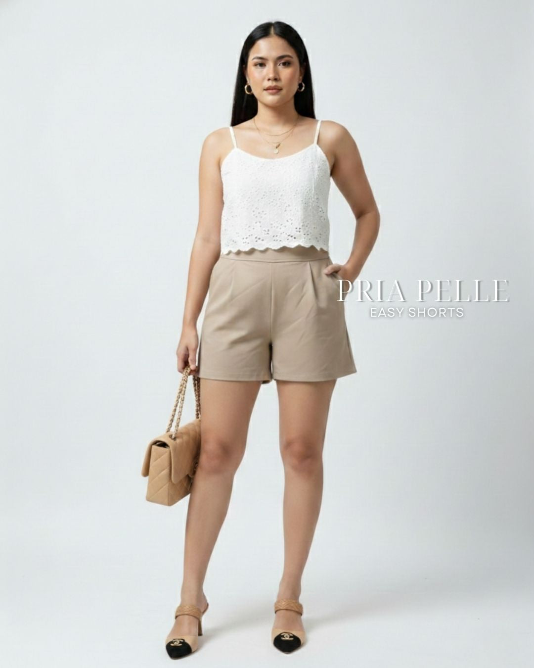 Pria Pelle Easy Shorts | Back garter - Cotton Blend Warm Khaki | Non Stretch