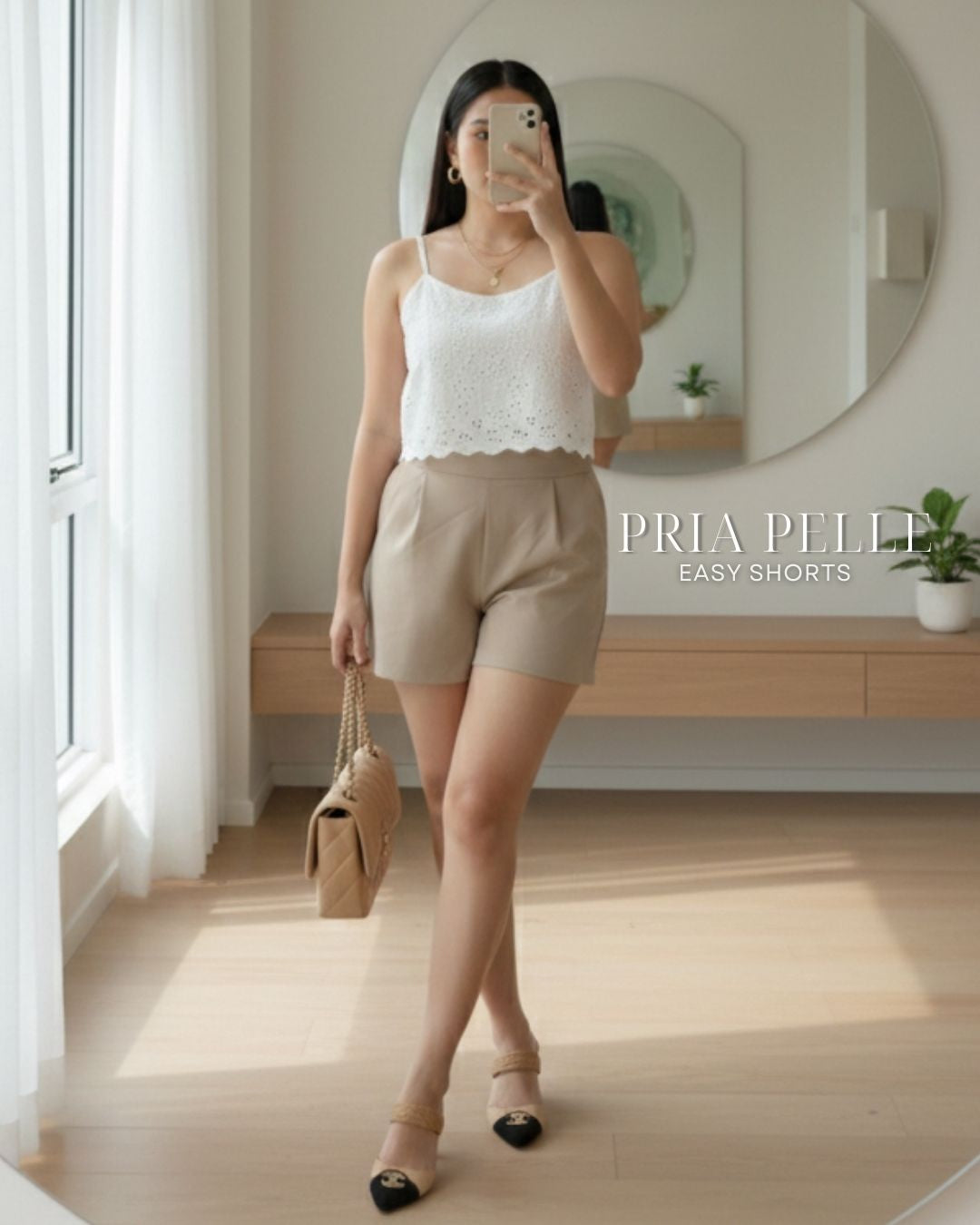 Pria Pelle Easy Shorts | Back garter - Cotton Blend Warm Khaki | Non Stretch