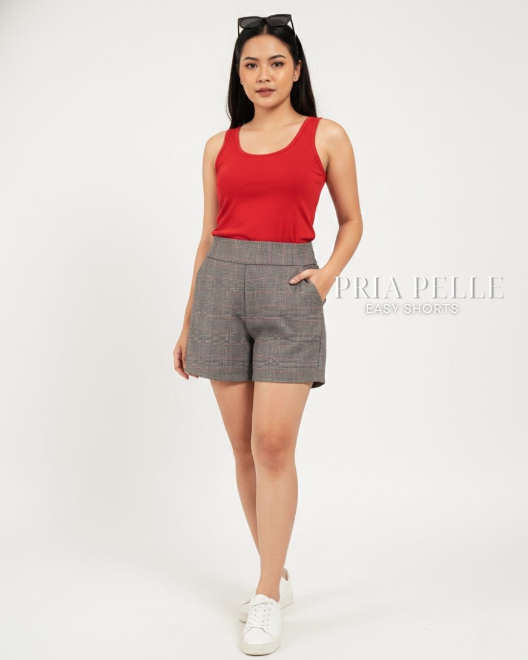 Pria Pelle Easy Shorts | Back garter - Cotton Blend Tartan Champagne | Non Stretch