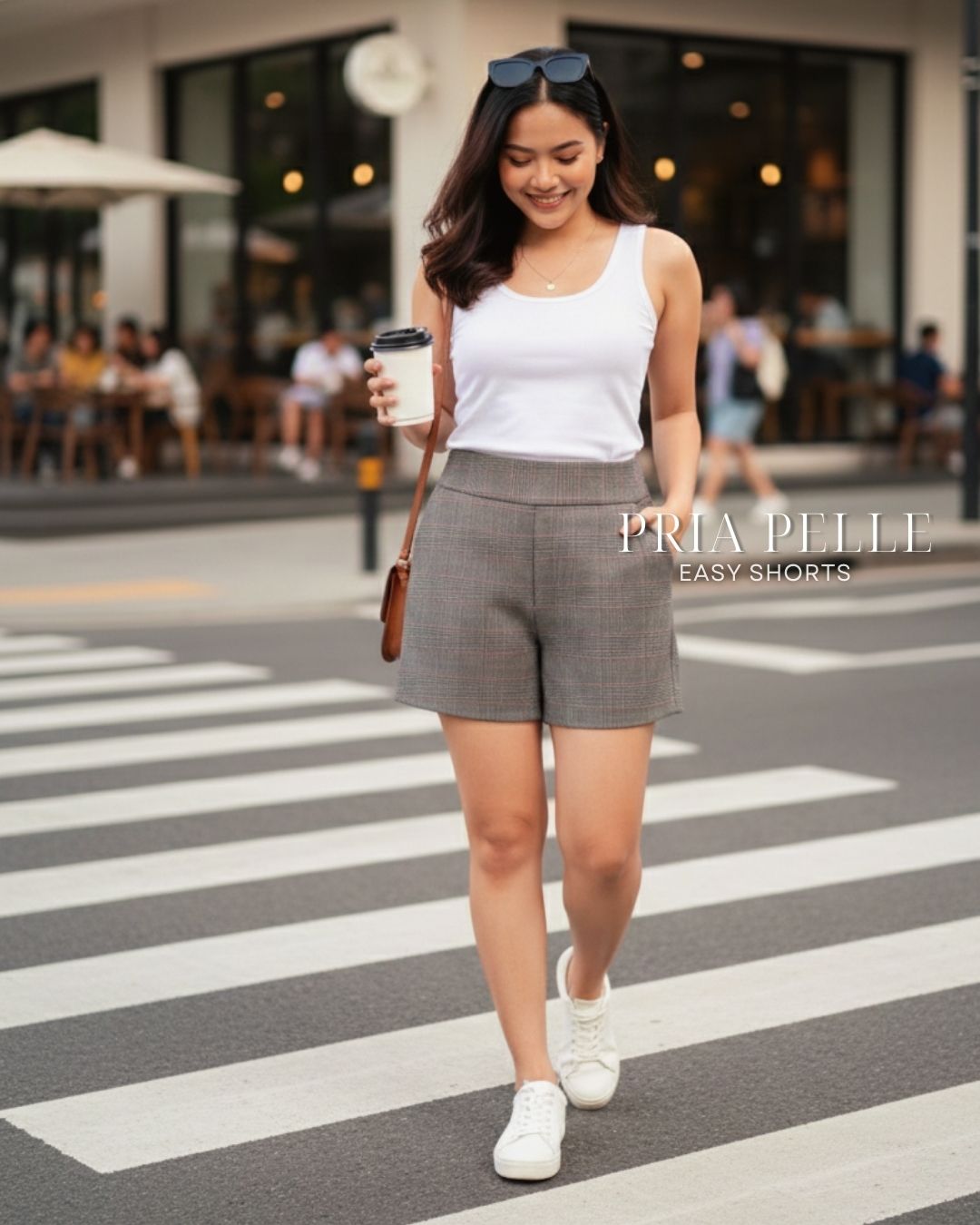 Pria Pelle Easy Shorts | Back garter - Cotton Blend Tartan Champagne | Non Stretch