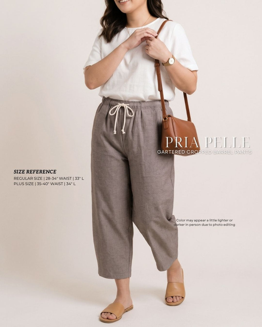 Pria Pelle FULLY GARTERED Cropped Barrel Pants with Drawstring - Denim Blend Earthy Taupe | Non Stretch