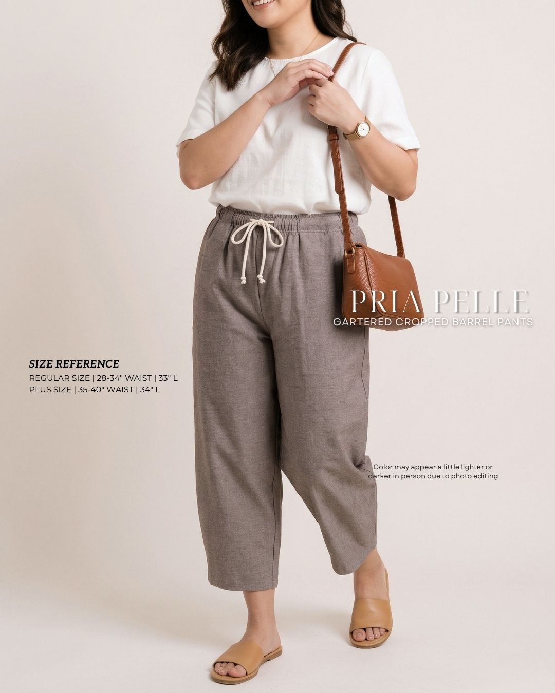 Pria Pelle FULLY GARTERED Cropped Barrel Pants with Drawstring - Denim Blend Earthy Taupe | Non Stretch