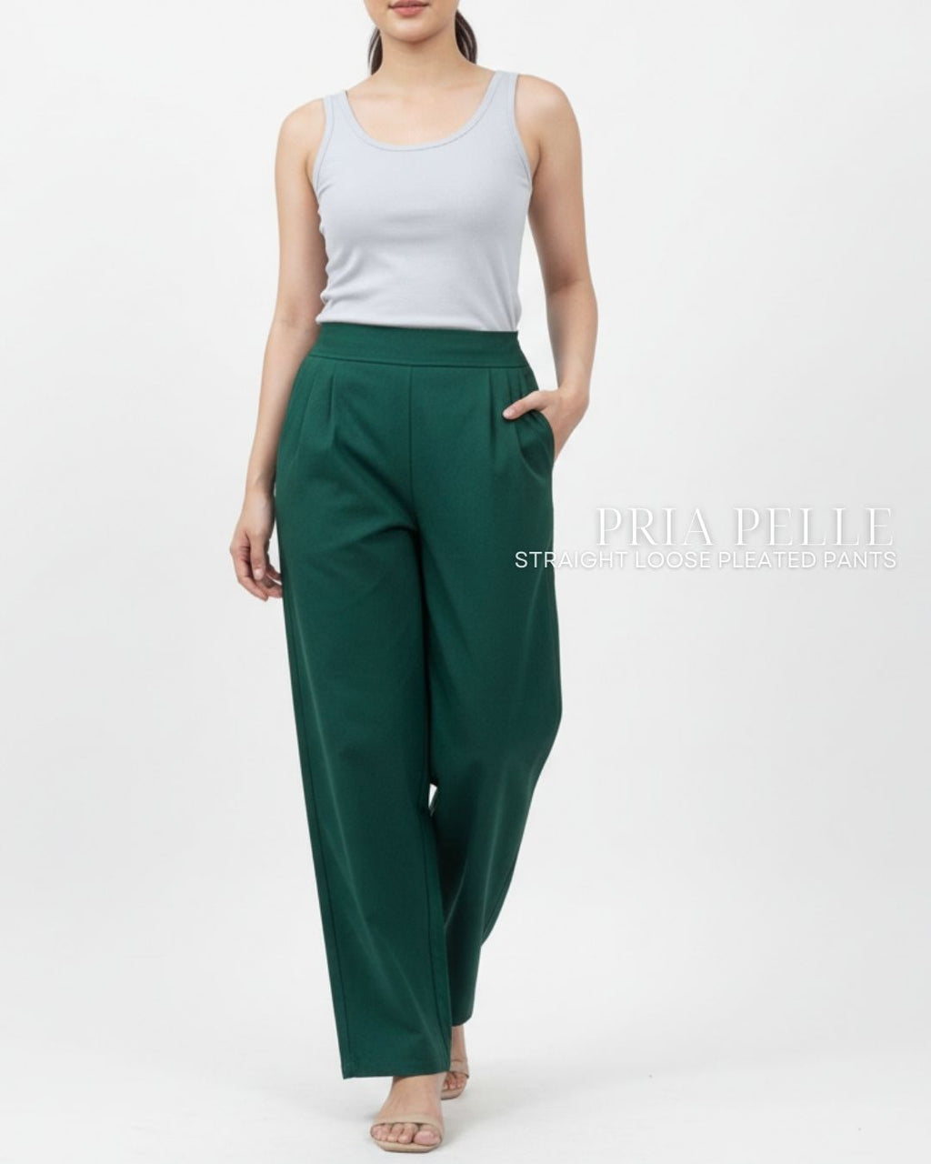 Pria Pelle Straight Loose Pleated Pants | Back Garter - Cotton Twill Emerald Green - Non Stretch