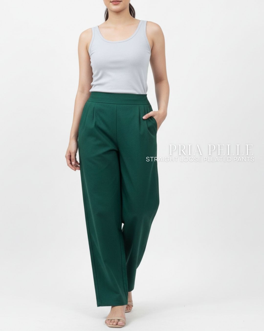 Pria Pelle Straight Loose Pleated Pants | Back Garter - Cotton Twill Emerald Green - Non Stretch
