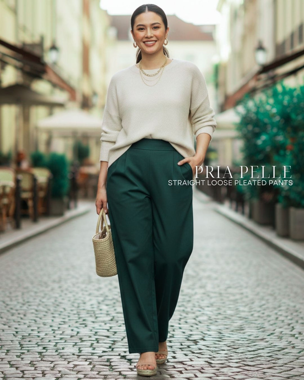 Pria Pelle Straight Loose Pleated Pants | Back Garter - Cotton Twill Emerald Green - Non Stretch