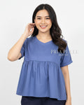 Pria Pelle Enid V-Neck Peplum Top - Cotton Blend Blue Gray | Non Stretch