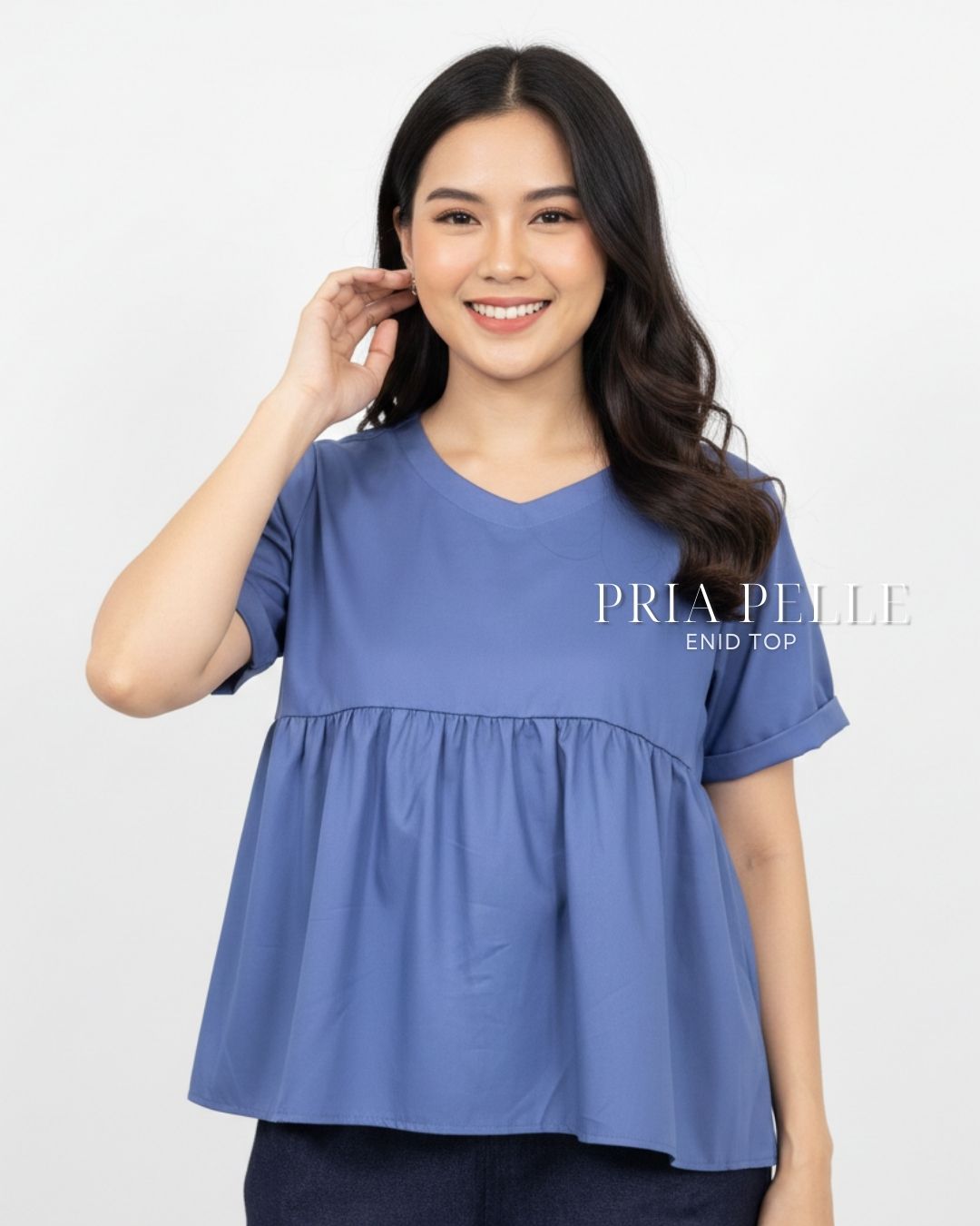 Pria Pelle Enid V-Neck Peplum Top - Cotton Blend Blue Gray | Non Stretch