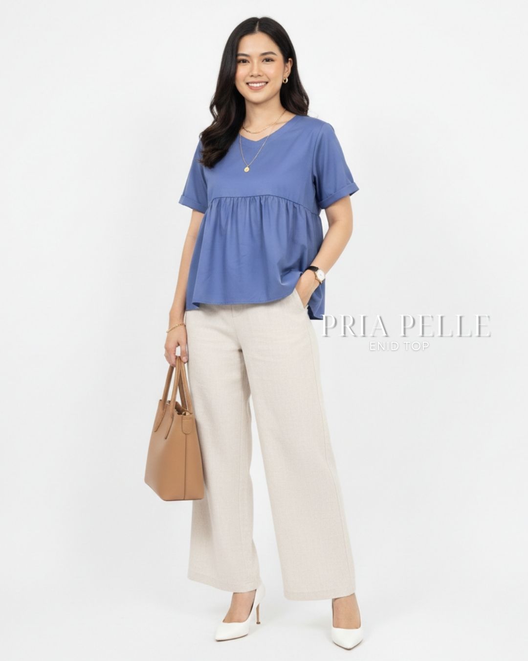 Pria Pelle Enid V-Neck Peplum Top - Cotton Blend Blue Gray | Non Stretch