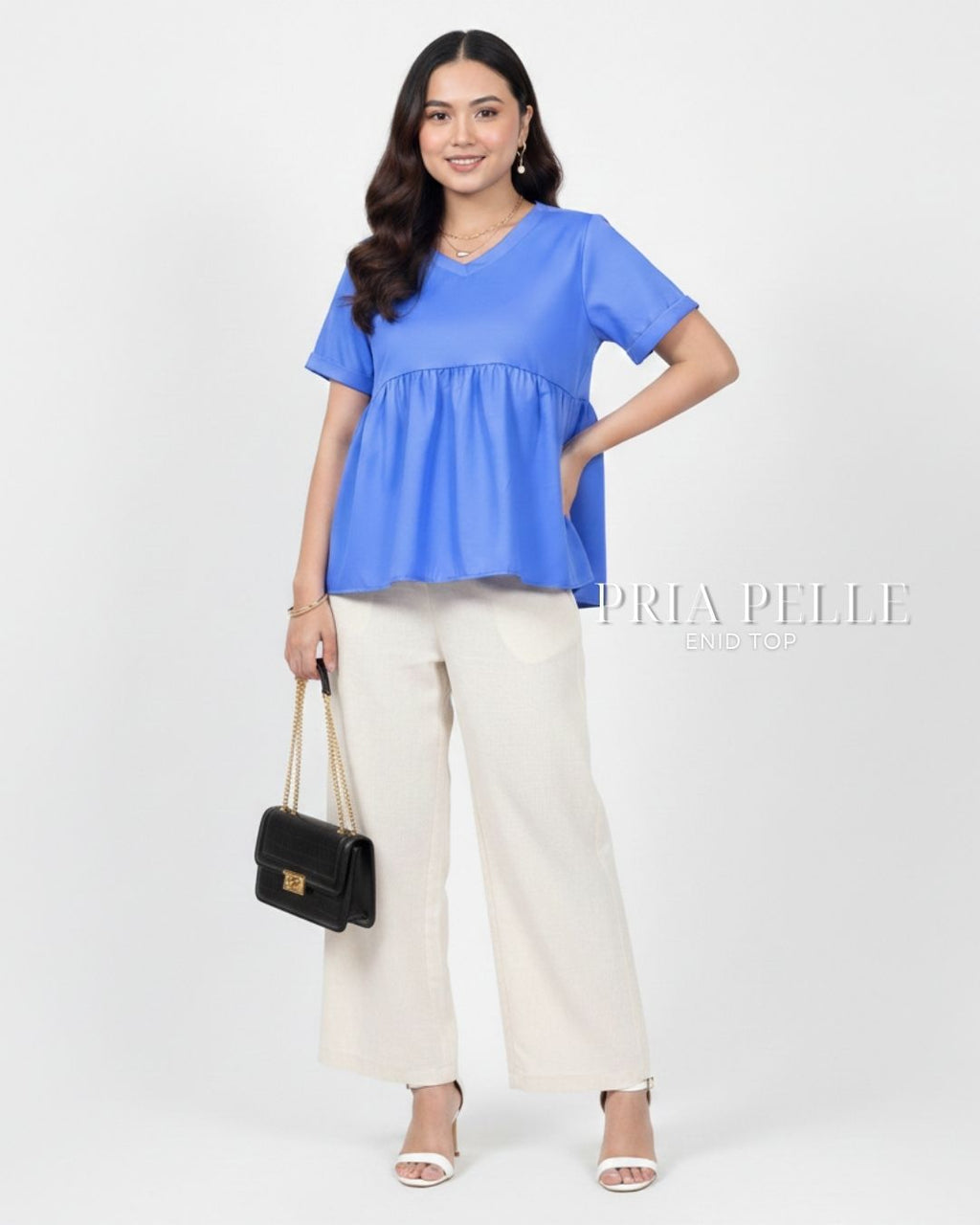 Pria Pelle Enid V-Neck Peplum Top - Cotton Blend Corn Blue | Non Stretch