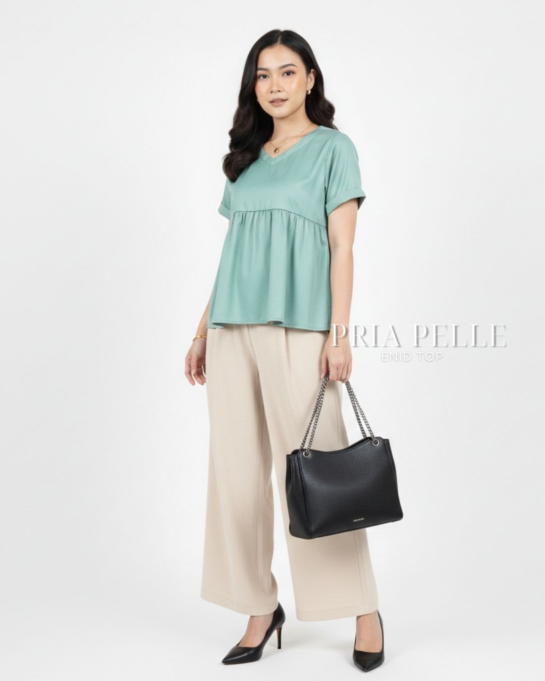 Pria Pelle Enid V-Neck Peplum Top - Cotton Blend Spring Green | Non Stretch