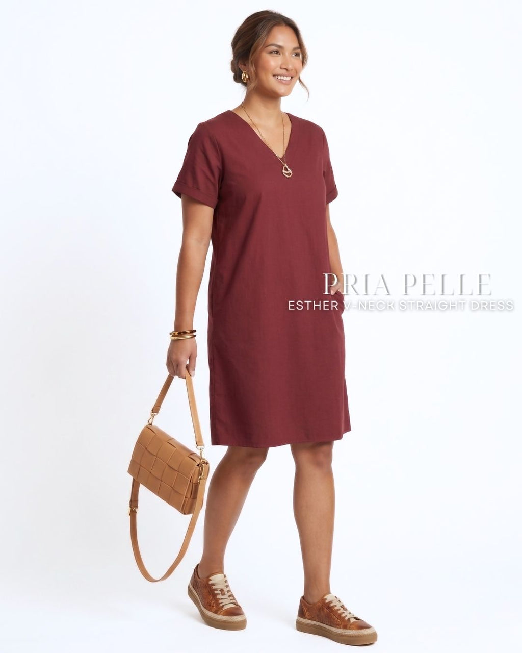 Pria Pelle Esther V-Neck Straight Dress | Cotton Blend Maroon - Non Stretch