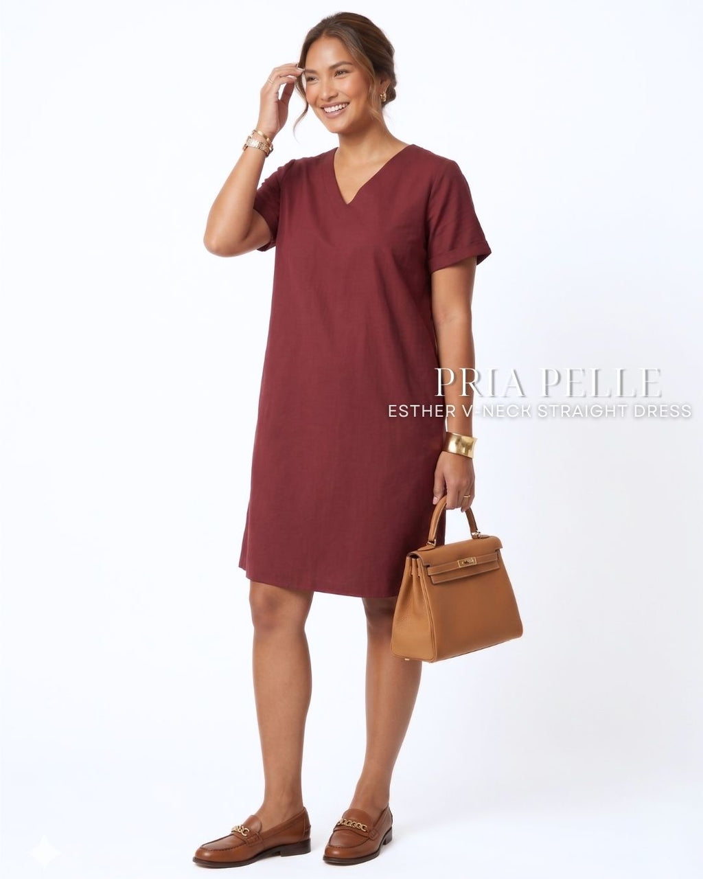 Pria Pelle Esther V-Neck Straight Dress | Cotton Blend Maroon - Non Stretch