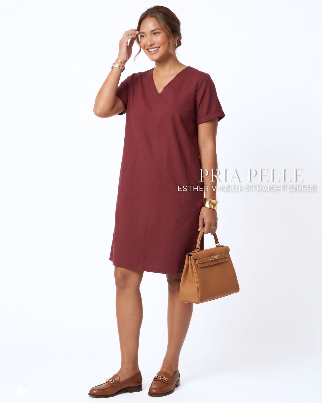 Pria Pelle Esther V-Neck Straight Dress | Cotton Blend Maroon - Non Stretch