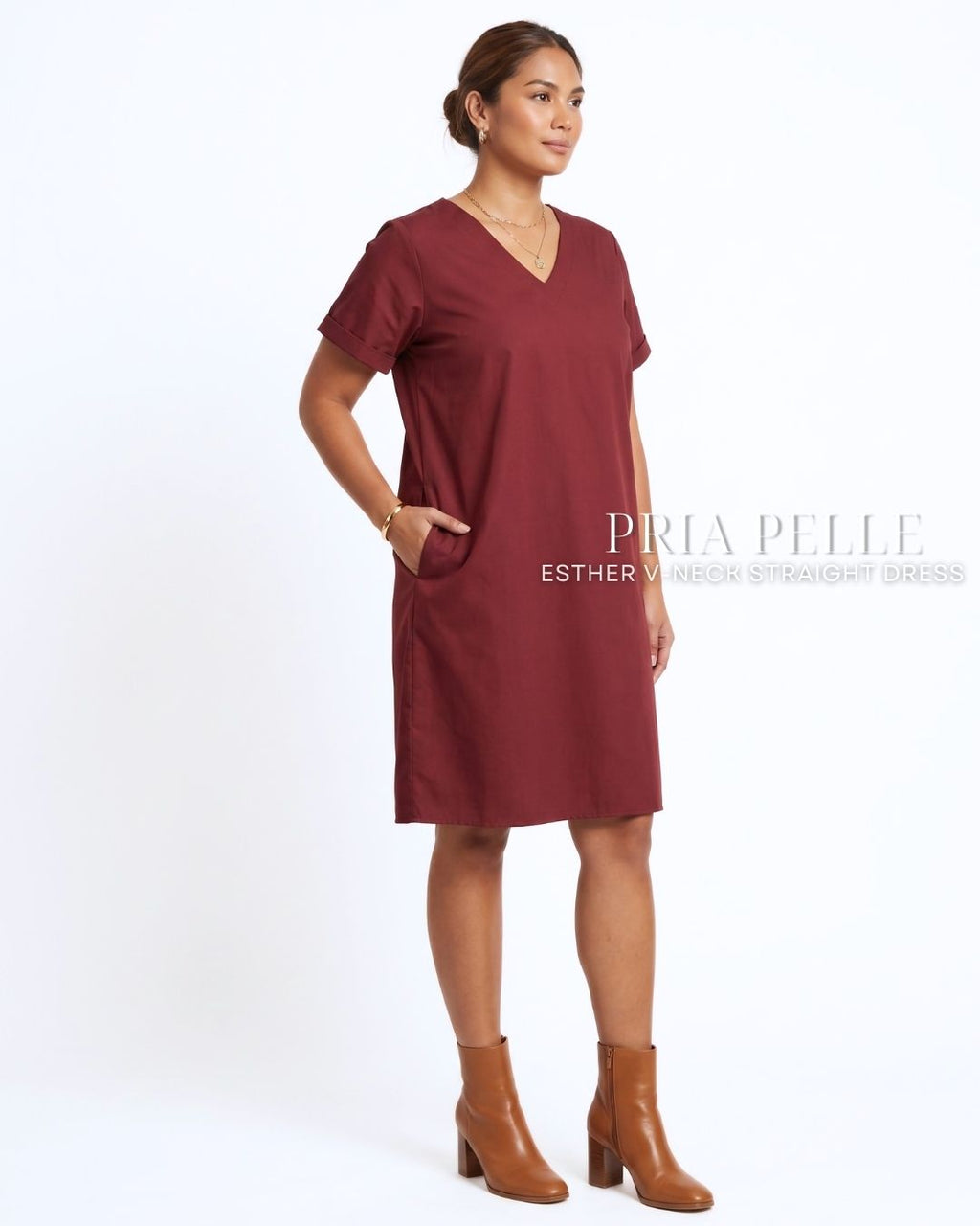 Pria Pelle Esther V-Neck Straight Dress | Cotton Blend Maroon - Non Stretch