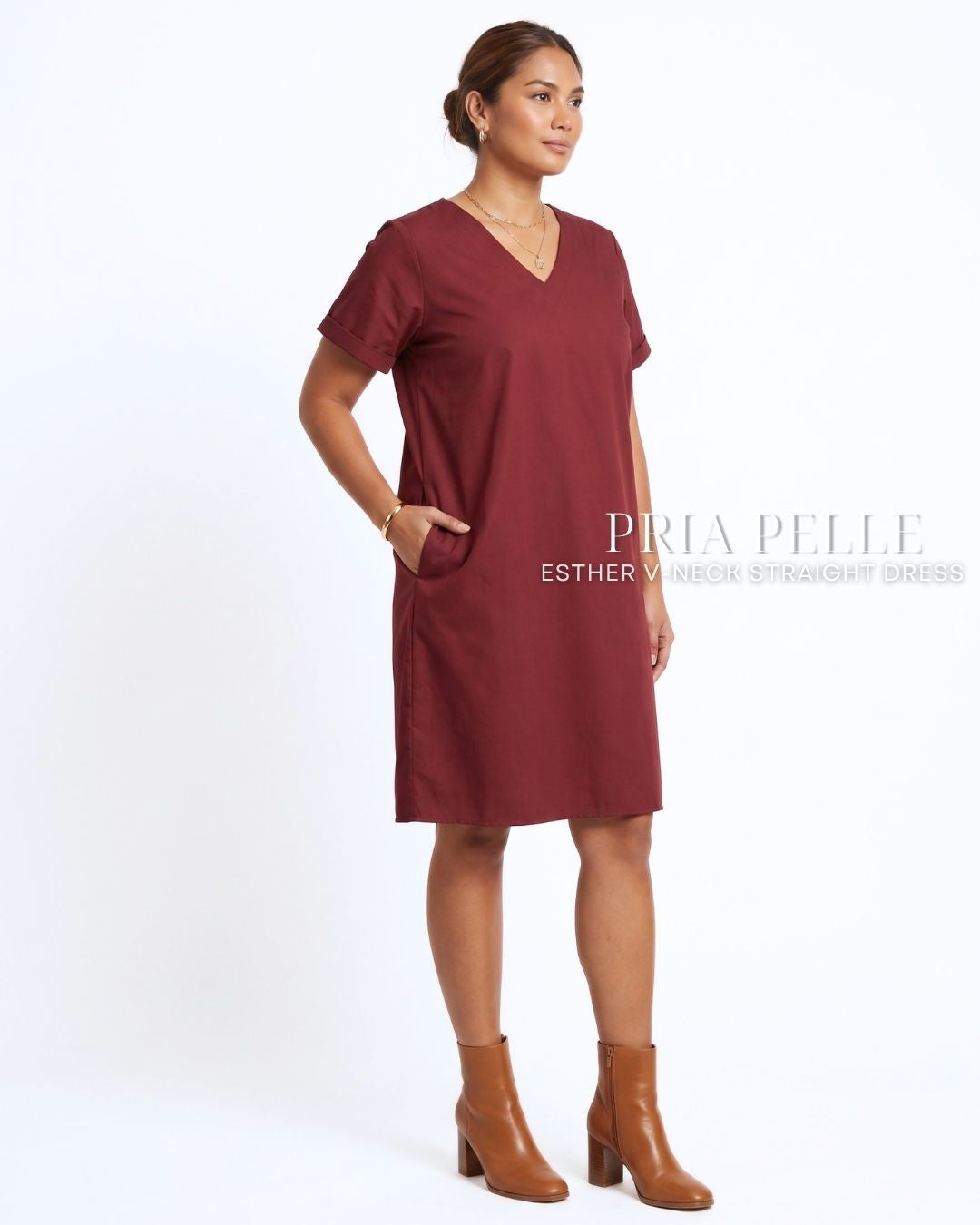 Pria Pelle Esther V-Neck Straight Dress | Cotton Blend Maroon - Non Stretch